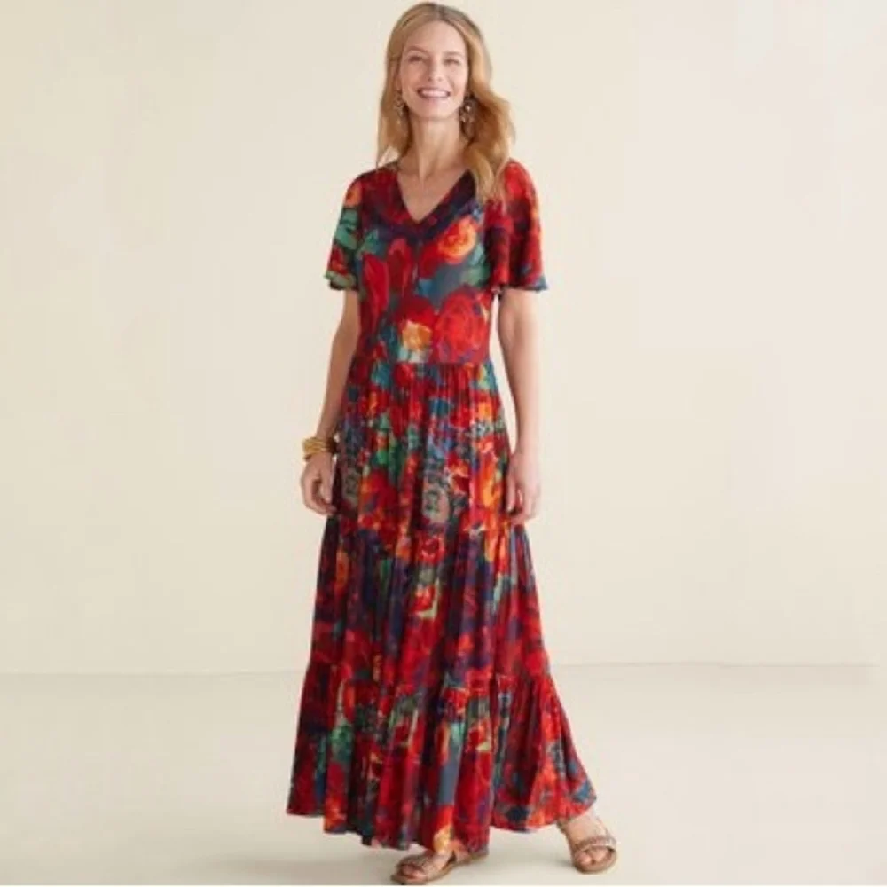 Soft Surroundings Red and Green Floral Maxi Dress Large L New NWT - Picture 1 of 3